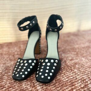 1.STATE Rida Women’s Black Leather Studded Ankle Strap Pumps